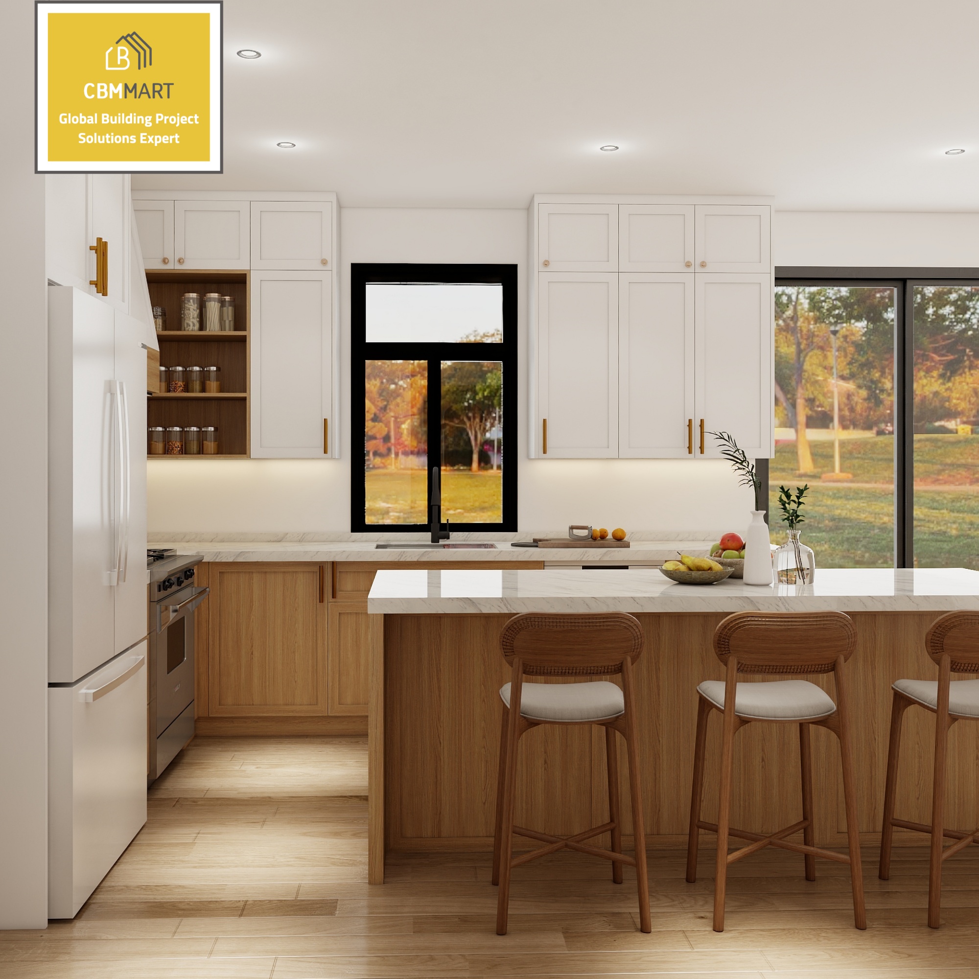 Modern White Oak Kitchen Cabinet Solid Wood Shaker Style Customized Luxury Premium Contemporary Furniture With Quartz Island