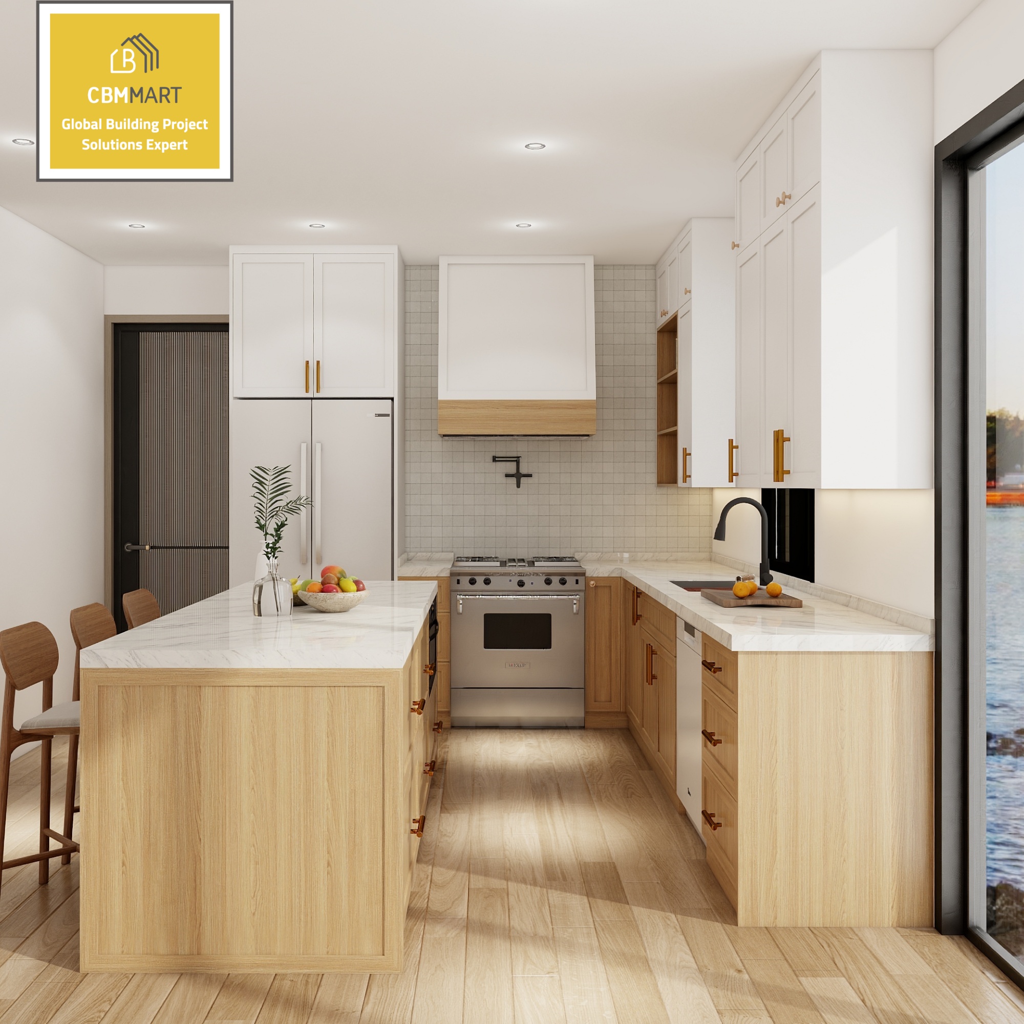 Modern White Oak Kitchen Cabinet Solid Wood Shaker Style Customized Luxury Premium Contemporary Furniture With Quartz Island