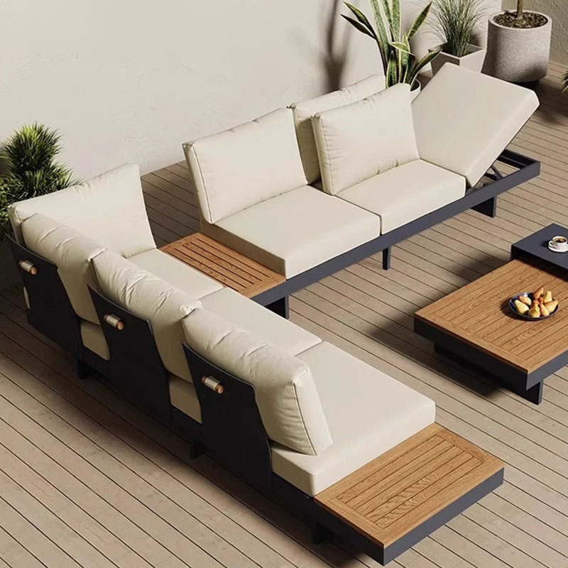 High End Hotel Modern L Shaped Teak Wood Sofa Set Outdoor Sectional Courtyard Furniture Luxury Garden Waterproof &amp; Rust Proof
