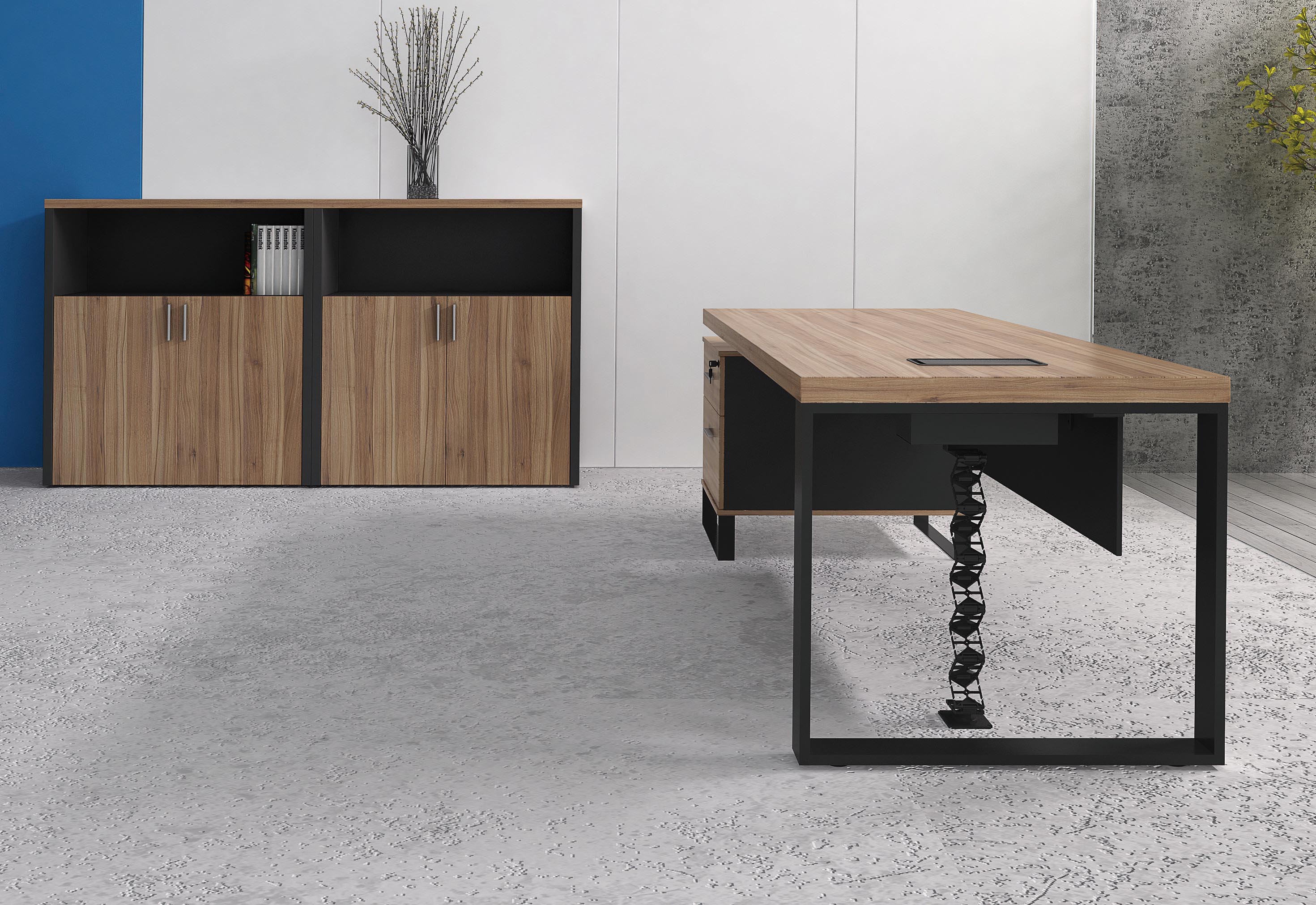 Teak Wood Melamine Office Furniture Set Straight Office Desk With Powder Coated Black Steel Legs