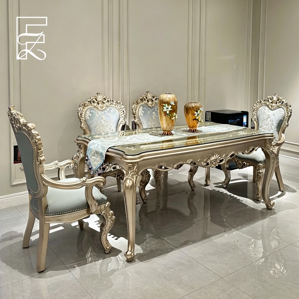 French Luxury Hand Carved Solid Mahogany Rectangular Dining Table Champagne Gold Finish 6 Chairs Top Upholstered Back Hotel Use