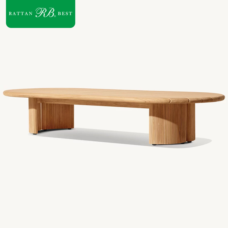 Modern Nordic Japandi Style Fluted Leg Design Teak Wood Coffee Table for Outdoor Courtyard
