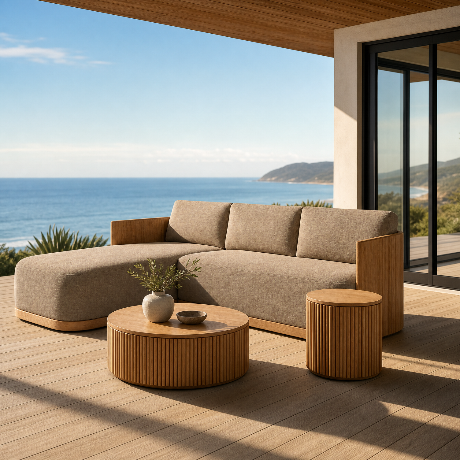 Contemporary Fluted Solid Teak Outdoor Sectional Sofa Set Patio Lounge Sofa Luxury Resort Villa Round Coffee Side Table