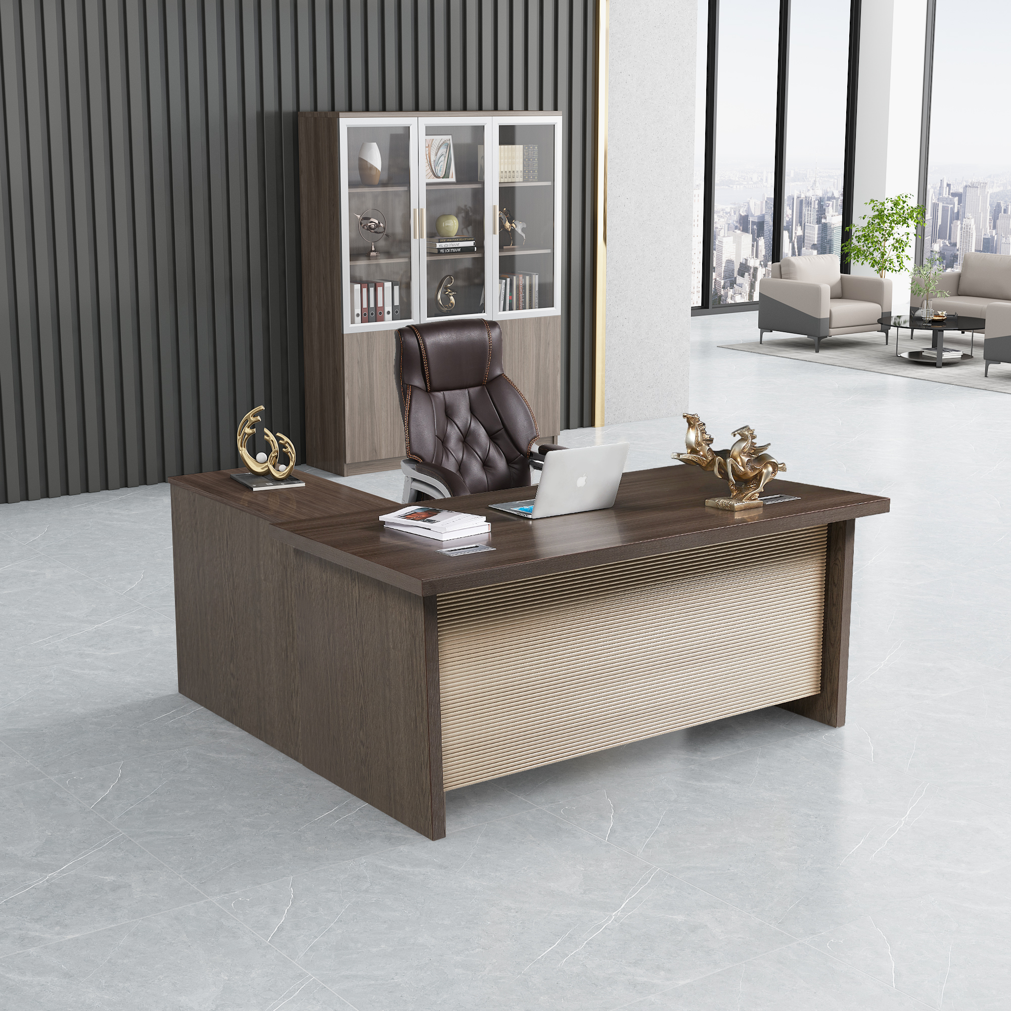 Ekintop modern luxury home black solid teak partner wood l-shaped hotel office writing desk