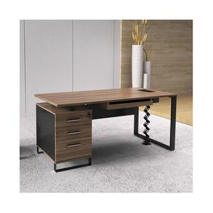 Teak Wood Melamine Office Furniture Set Straight Office Desk With Powder Coated Black Steel Legs