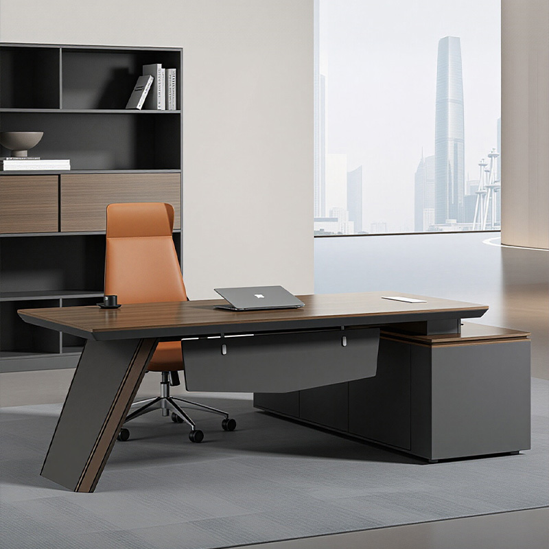 Modern L-Shaped Executive Desk 60mm Thick Top Tech Teak Wood CEO Office Furniture With Storage Cabinet and Password Lock