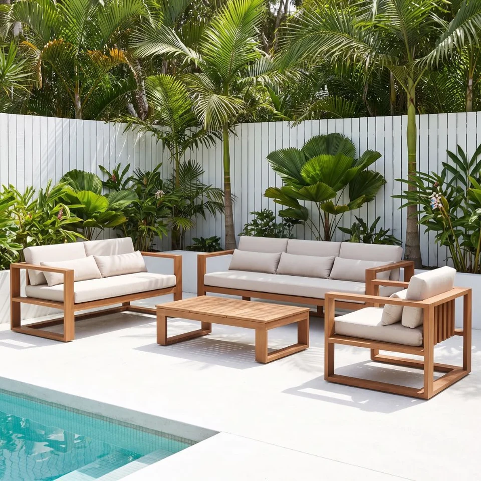 3 + 2 + 1 Seater Outdoor Lounge Suite Teak Aluminium Frame Multi-Functional Lift Coffee Table for Alfresco Patio Backyard