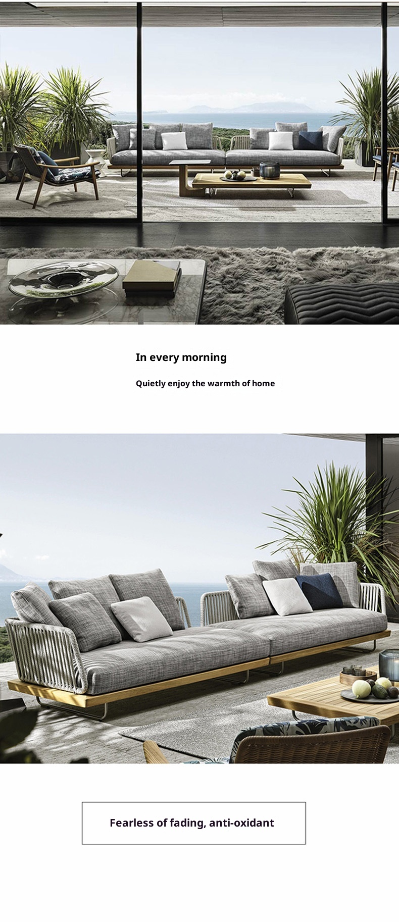 Outdoor Sofa Sunscreen Waterproof Rattan Teak 3-Seater Terrace Solid Wood Garden Coffee Table Set Furniture Customization China