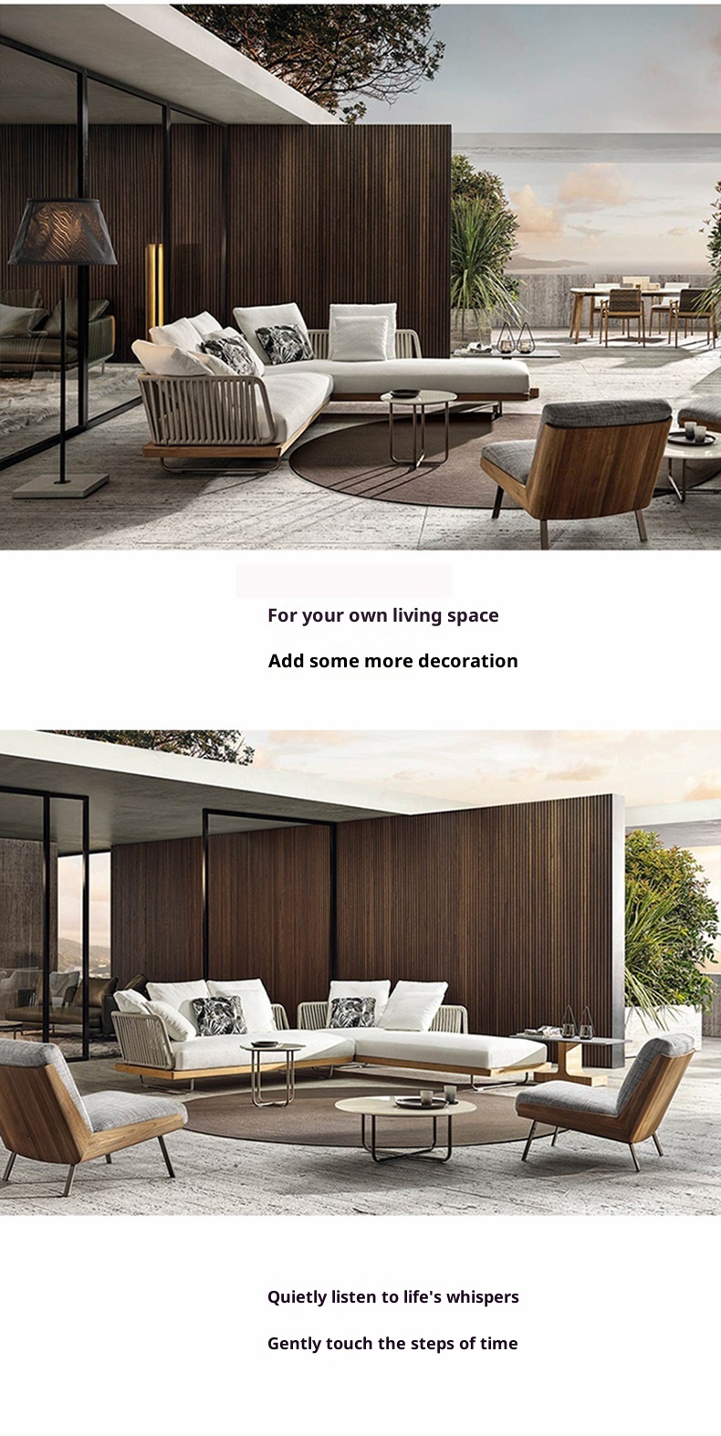 Outdoor Sofa Sunscreen Waterproof Rattan Teak 3-Seater Terrace Solid Wood Garden Coffee Table Set Furniture Customization China