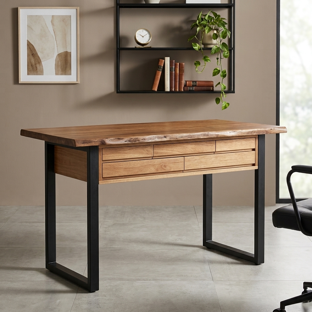 Modern Writing Desk Solid Teak Top Console Table with Live Edge 1-Drawer and Metal Leg for Apartment Living Room &amp; Hotel