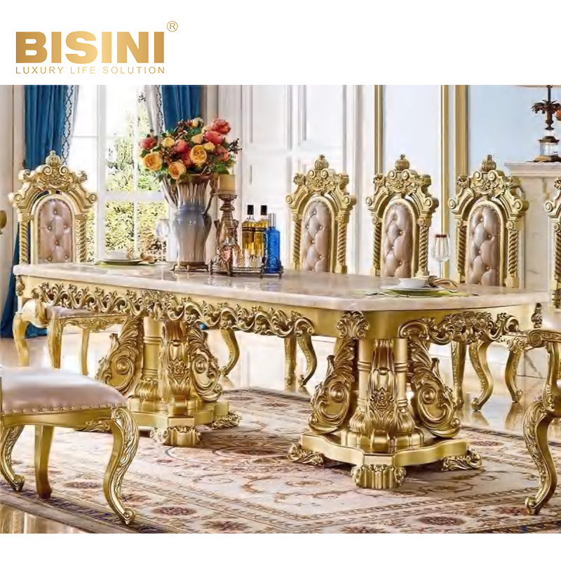 Wholesale Customizable Wooden Mahogany Dining Room Furniture Rectangle Table With Marble Counter Top and Red Leather Chair
