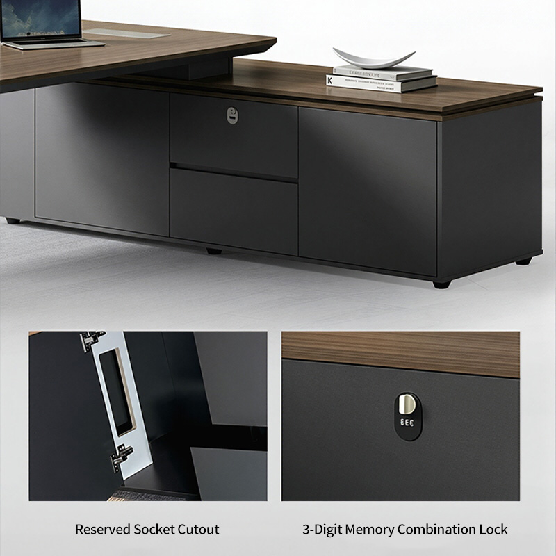 Modern L-Shaped Executive Desk 60mm Thick Top Tech Teak Wood CEO Office Furniture With Storage Cabinet and Password Lock