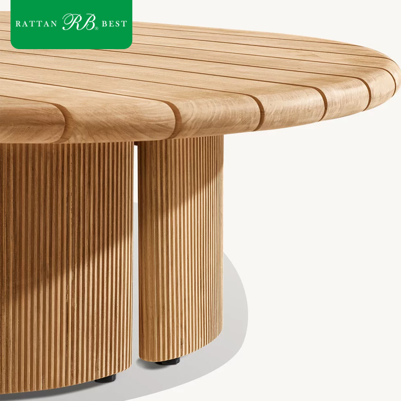 Modern Nordic Japandi Style Fluted Leg Design Teak Wood Coffee Table for Outdoor Courtyard