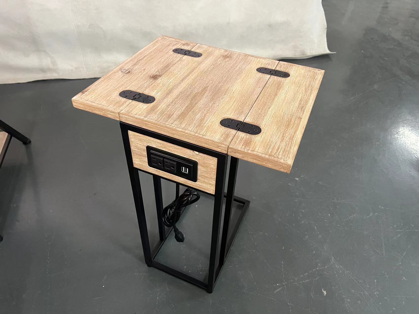 SWT Living Room Furniture Folding Wood Top Sofa Metal Side Table End Table with Charging Station