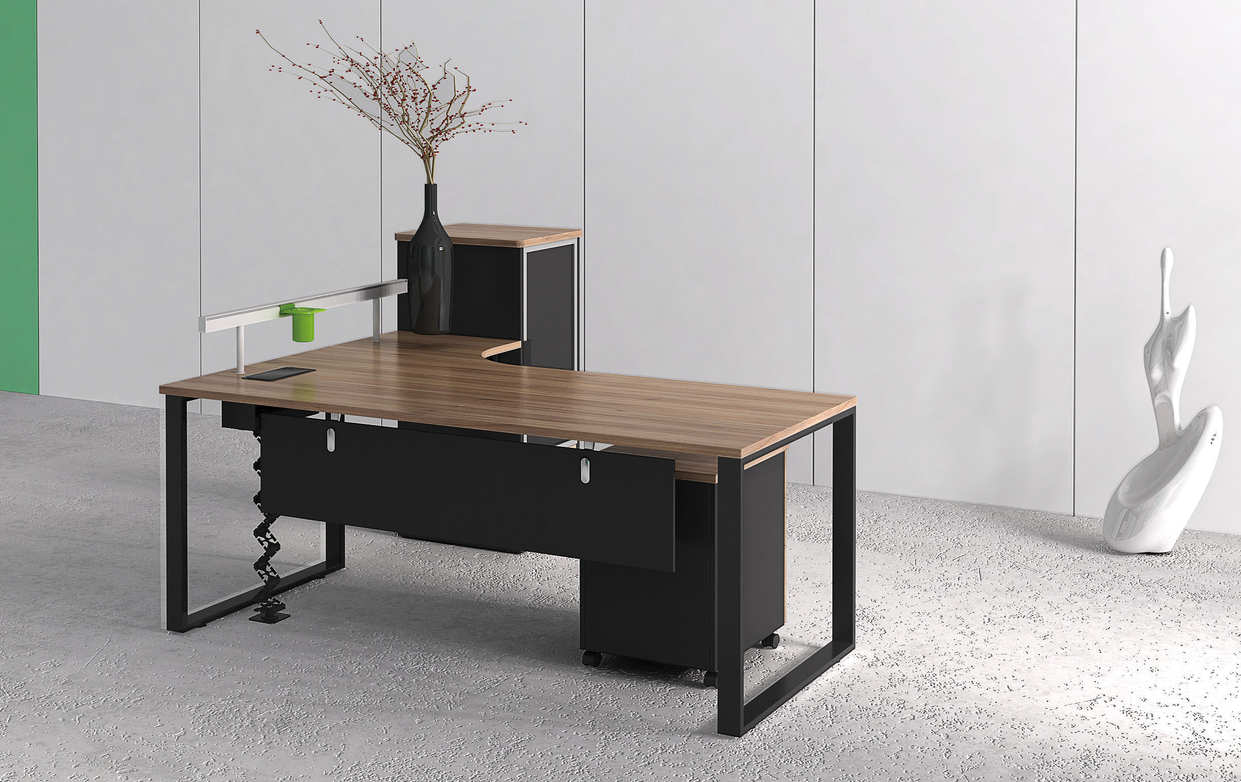 Teak Wood Melamine Office Furniture Set Straight Office Desk With Powder Coated Black Steel Legs