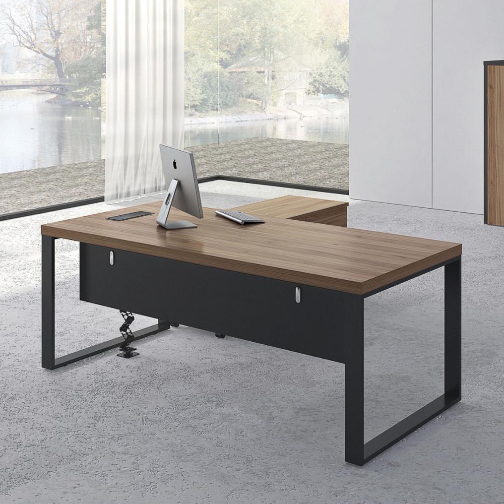 Teak Wood Melamine Office Furniture Set Straight Office Desk With Powder Coated Black Steel Legs