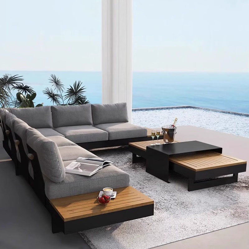 High End Hotel Modern L Shaped Teak Wood Sofa Set Outdoor Sectional Courtyard Furniture Luxury Garden Waterproof &amp; Rust Proof