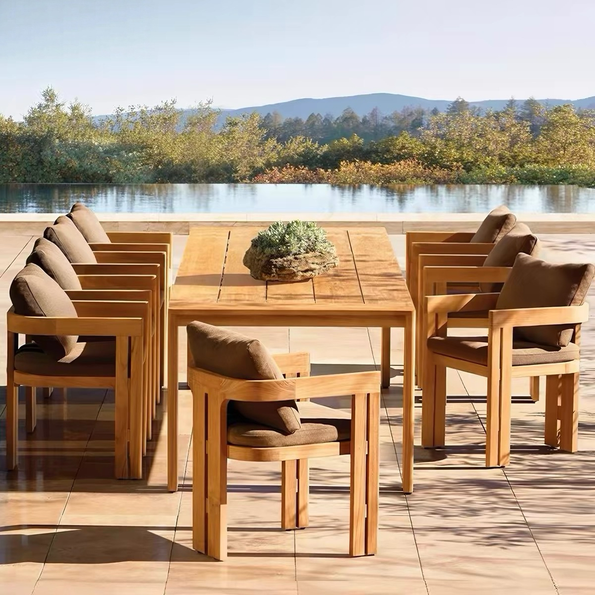 Luxury Teak Wood 6 8 10 Seater Dining Table Set Restaurant Patio Furniture Garden Outdoor Table and Chair Set for Hotel Villa