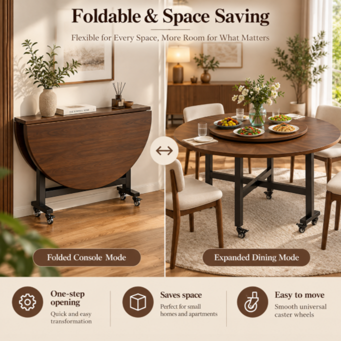 Modern Foldable Round Dining Table with Lazy Susan Drop Leaf Extendable Space Saving Table with Lockable Wheels