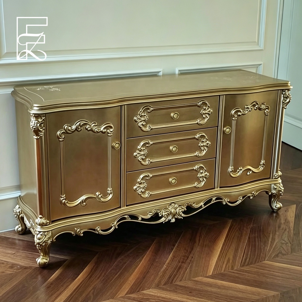 French Luxury Hand Carved Solid Mahogany Rectangular Dining Table Champagne Gold Finish 6 Chairs Top Upholstered Back Hotel Use
