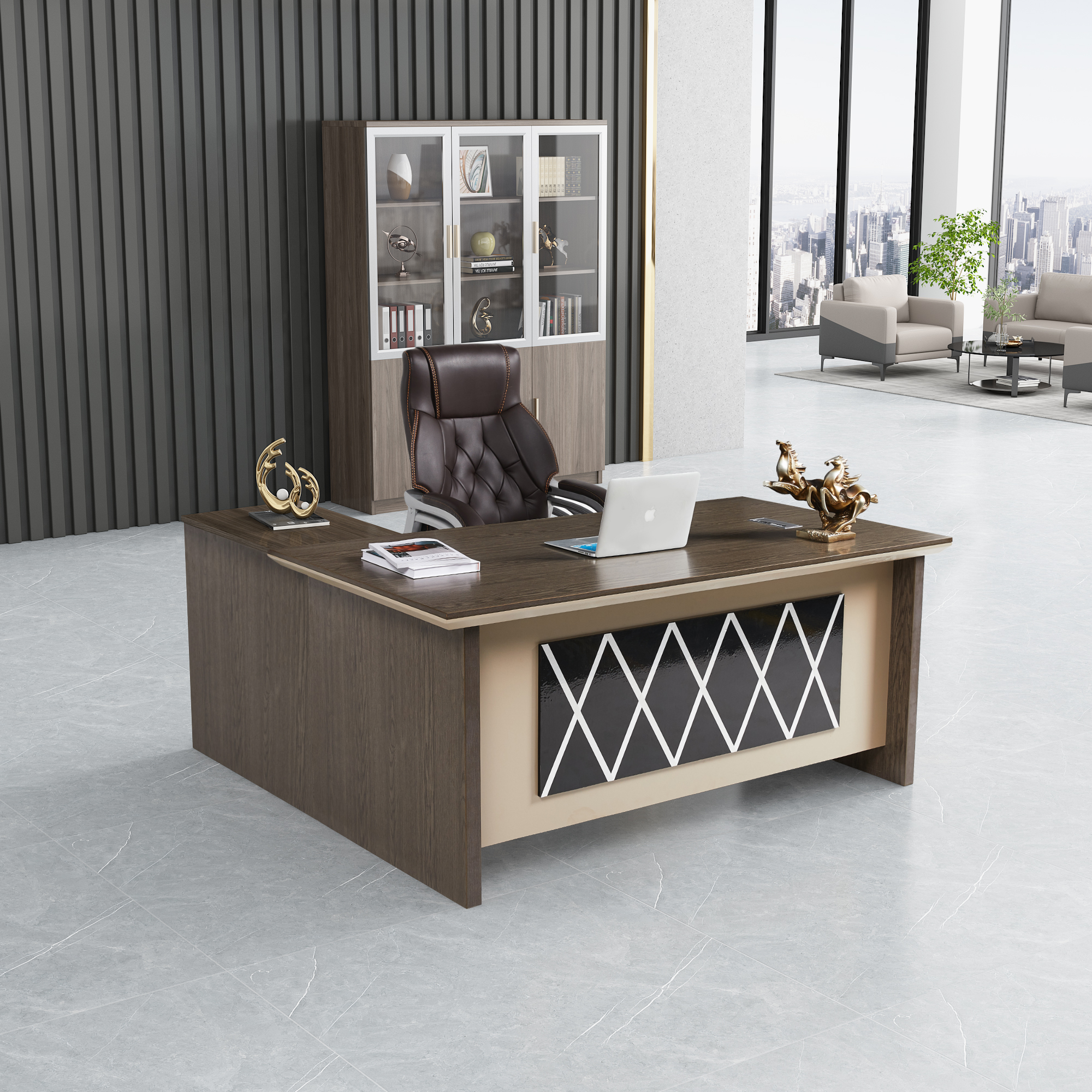 Ekintop modern luxury home black solid teak partner wood l-shaped hotel office writing desk