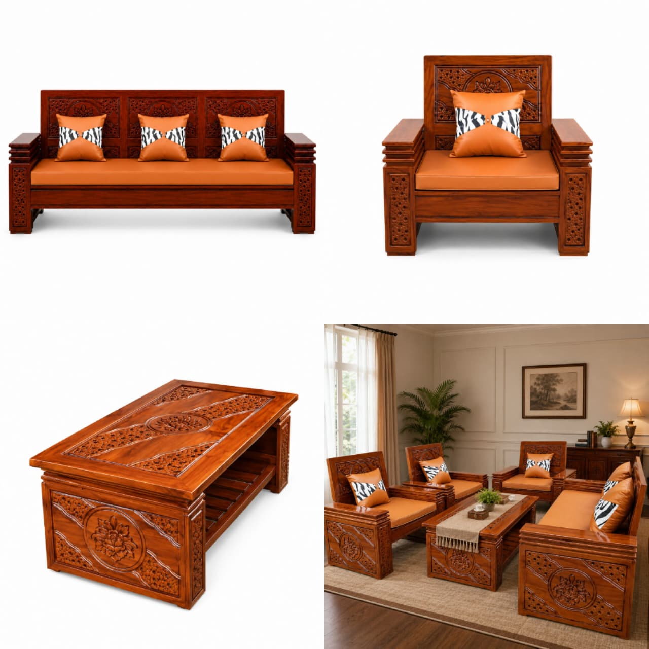 Jepara Handcarved Solid Teak Wood Sofa Set