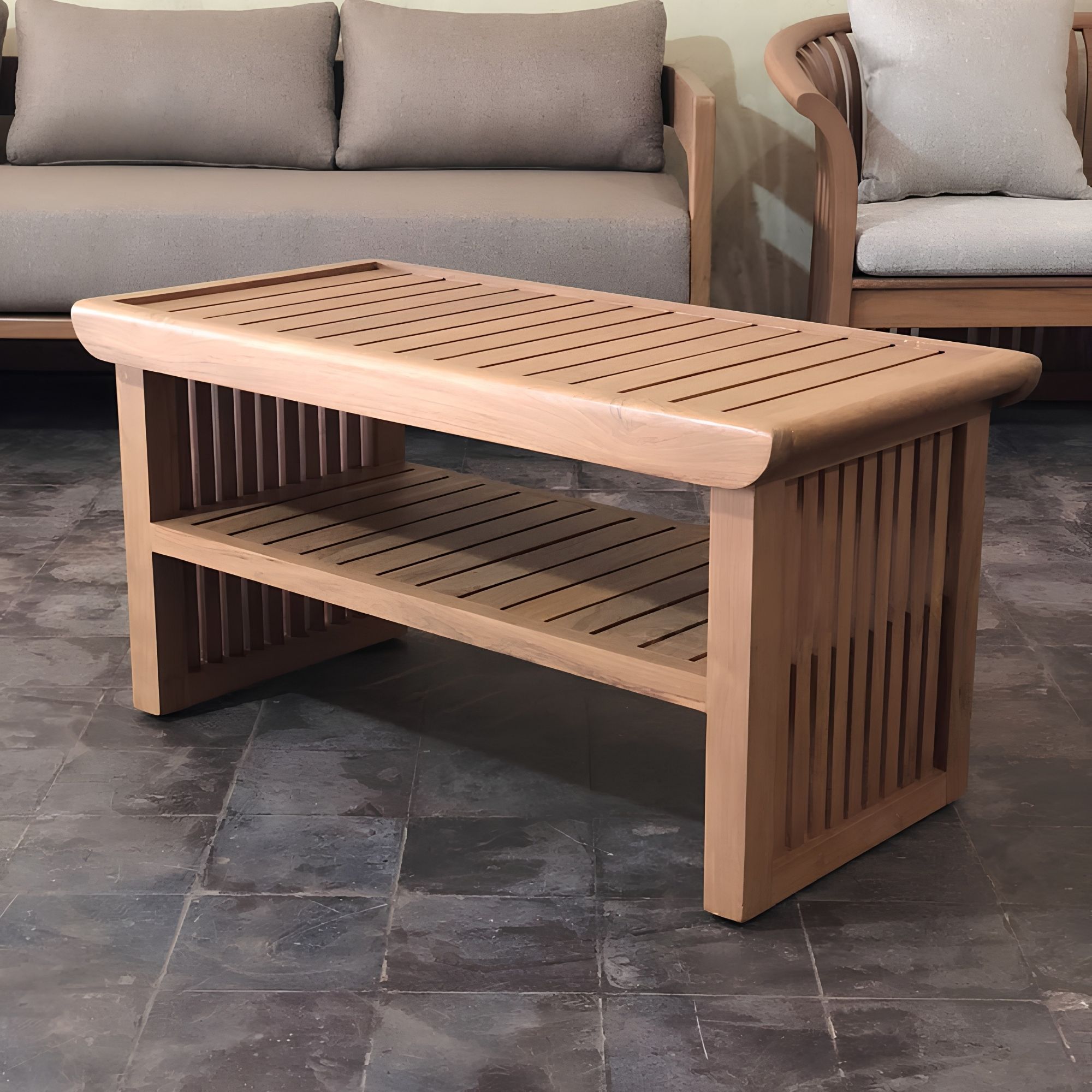 SVLK Certified Durable Solid Teak Wood Slatted Rectangular Coffee Table Luxury Resort Balcony Outdoor Furniture Indonesia