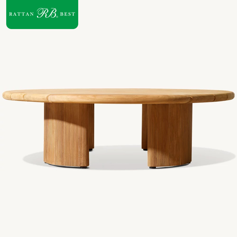 Modern Nordic Japandi Style Fluted Leg Design Teak Wood Coffee Table for Outdoor Courtyard