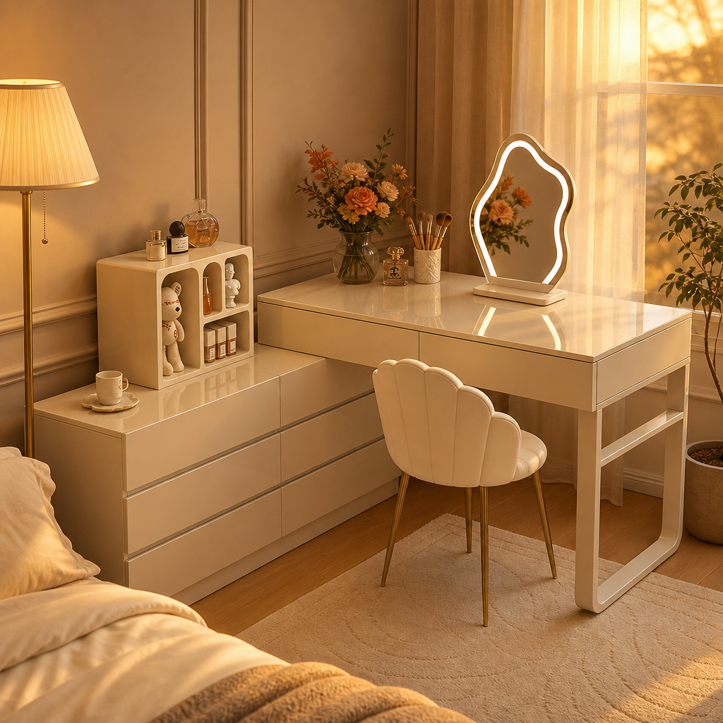 Makeup Vanity Table with Drawers, Multifunctional Dressing Table with Storage, Light Luxury Modern Desk for Bedroom
