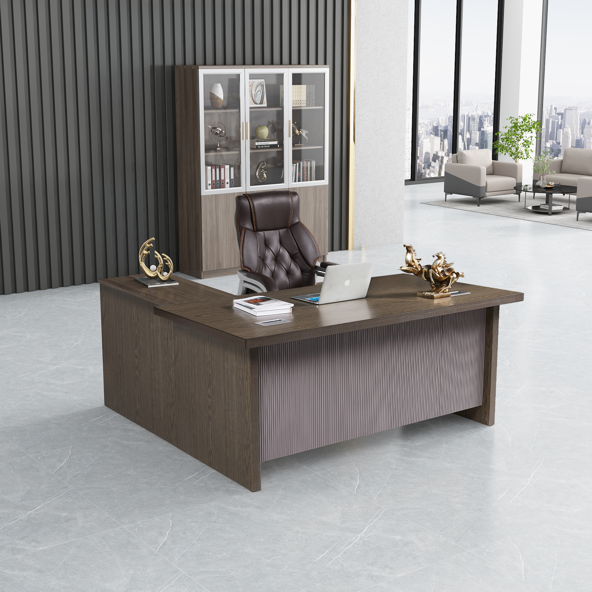 Ekintop modern luxury home black solid teak partner wood l-shaped hotel office writing desk