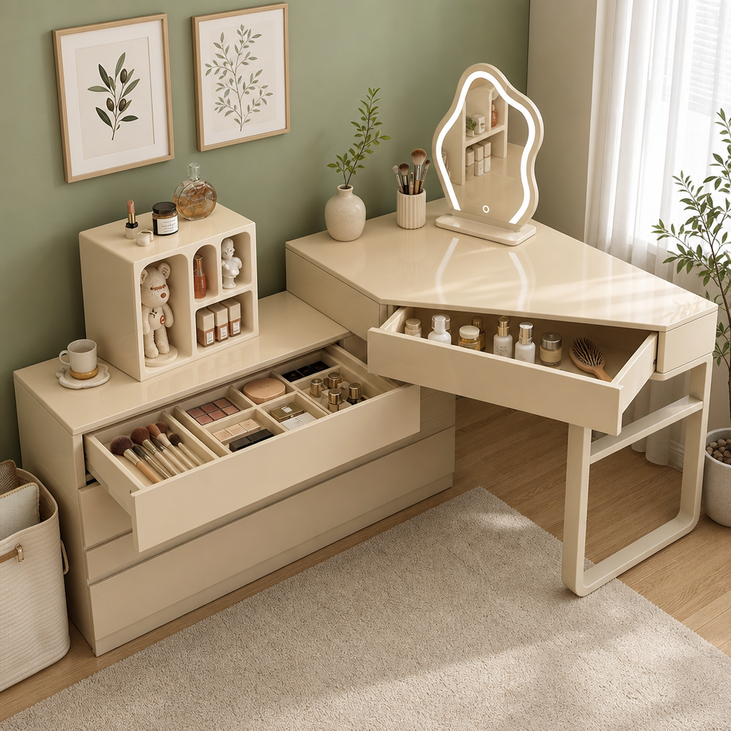Makeup Vanity Table with Drawers, Multifunctional Dressing Table with Storage, Light Luxury Modern Desk for Bedroom