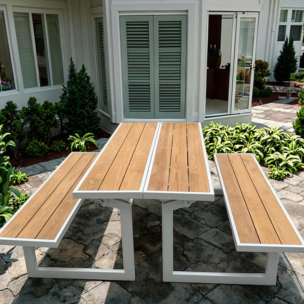 Aluminum Contemporary Bistro Coffee Garden Dining Table Mahogany Wood Slat Armrest Foldable Outdoor Furniture for Living Room