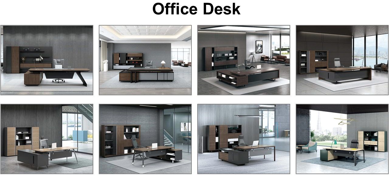 Teak Wood Melamine Office Furniture Set Straight Office Desk With Powder Coated Black Steel Legs