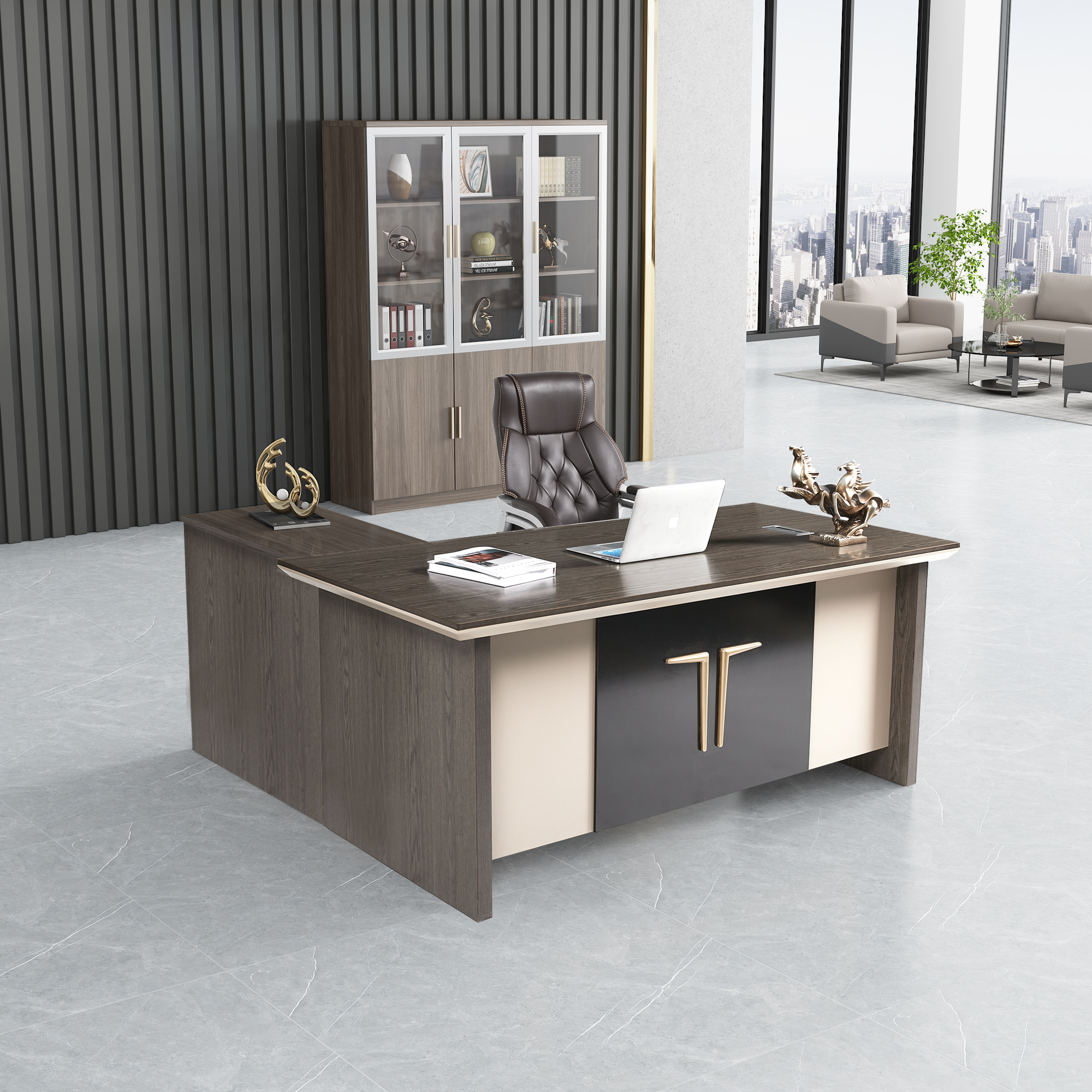 Ekintop modern luxury home black solid teak partner wood l-shaped hotel office writing desk
