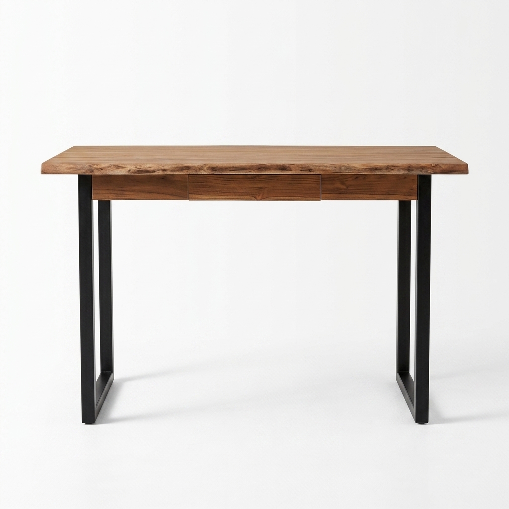 Modern Writing Desk Solid Teak Top Console Table with Live Edge 1-Drawer and Metal Leg for Apartment Living Room &amp; Hotel