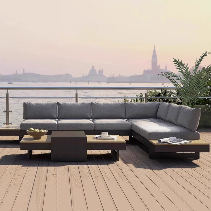 High End Hotel Modern L Shaped Teak Wood Sofa Set Outdoor Sectional Courtyard Furniture Luxury Garden Waterproof &amp; Rust Proof
