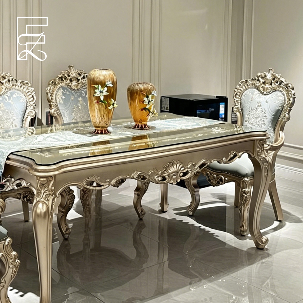 French Luxury Hand Carved Solid Mahogany Rectangular Dining Table Champagne Gold Finish 6 Chairs Top Upholstered Back Hotel Use