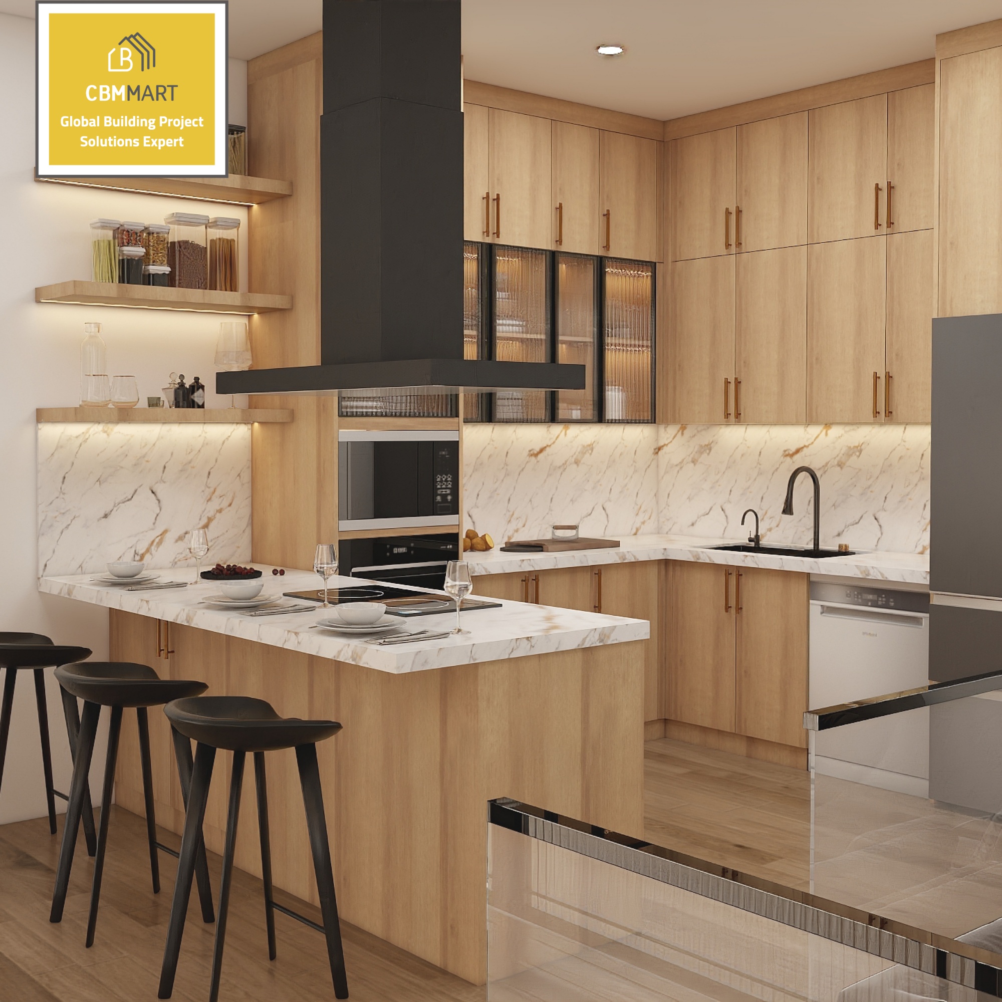Modern White Oak Kitchen Cabinet Solid Wood Shaker Style Customized Luxury Premium Contemporary Furniture With Quartz Island