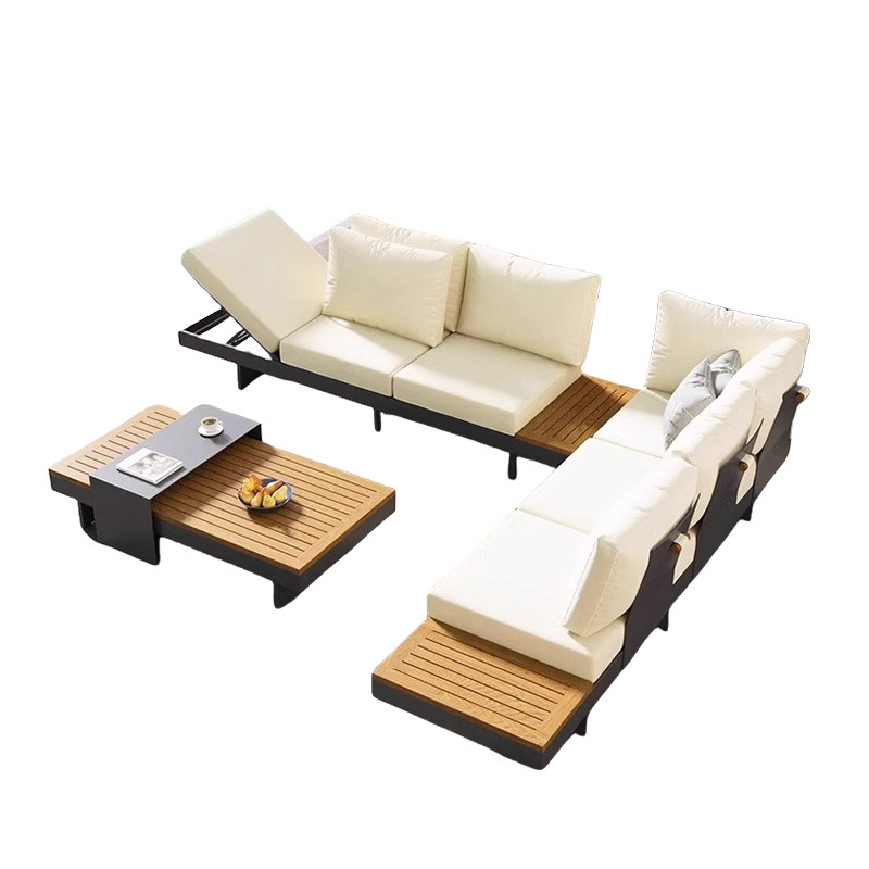 High End Hotel Modern L Shaped Teak Wood Sofa Set Outdoor Sectional Courtyard Furniture Luxury Garden Waterproof &amp; Rust Proof