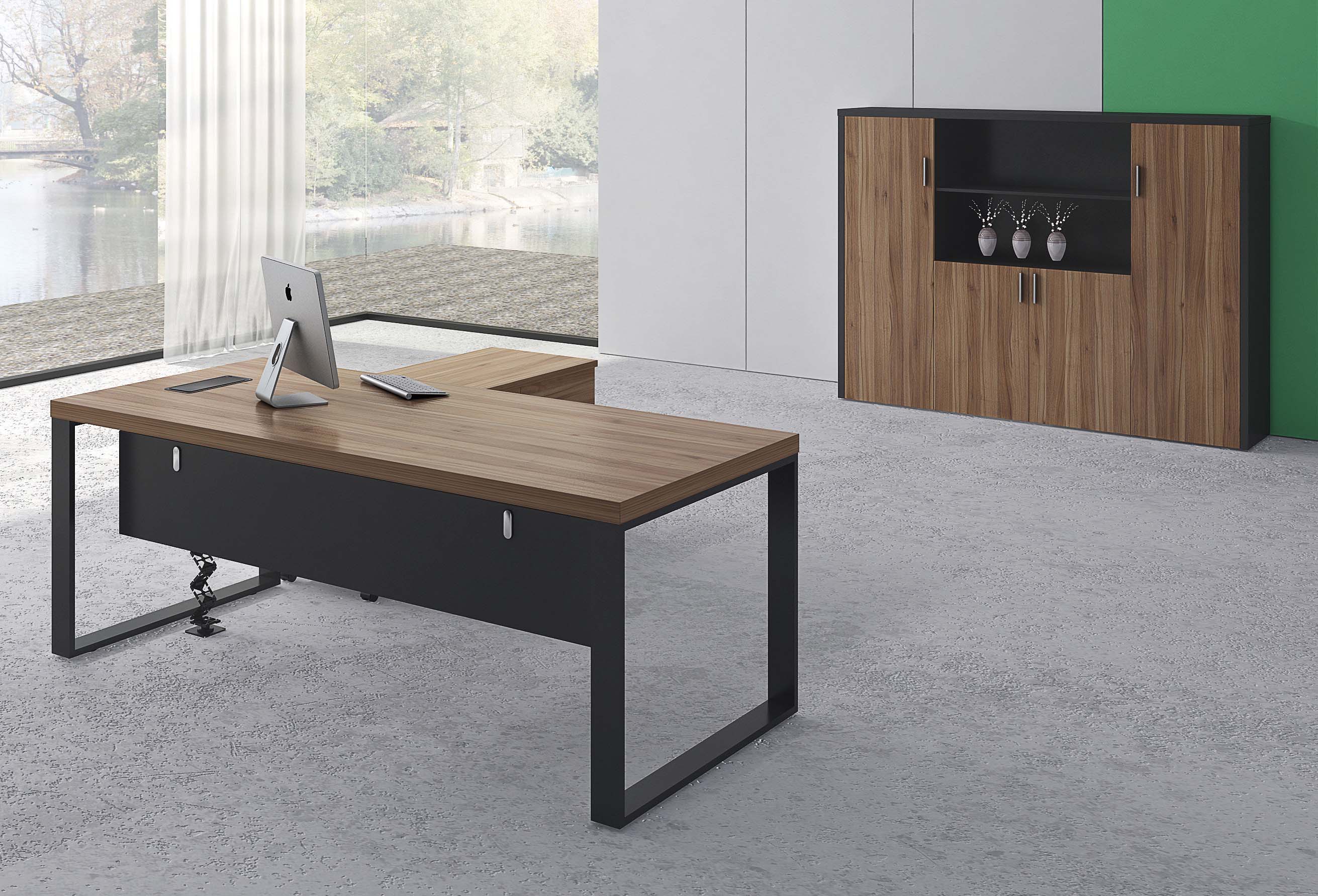 Teak Wood Melamine Office Furniture Set Straight Office Desk With Powder Coated Black Steel Legs