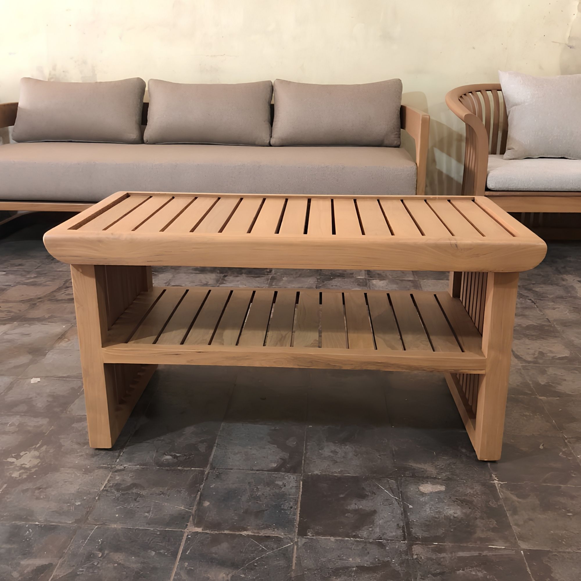 SVLK Certified Durable Solid Teak Wood Slatted Rectangular Coffee Table Luxury Resort Balcony Outdoor Furniture Indonesia