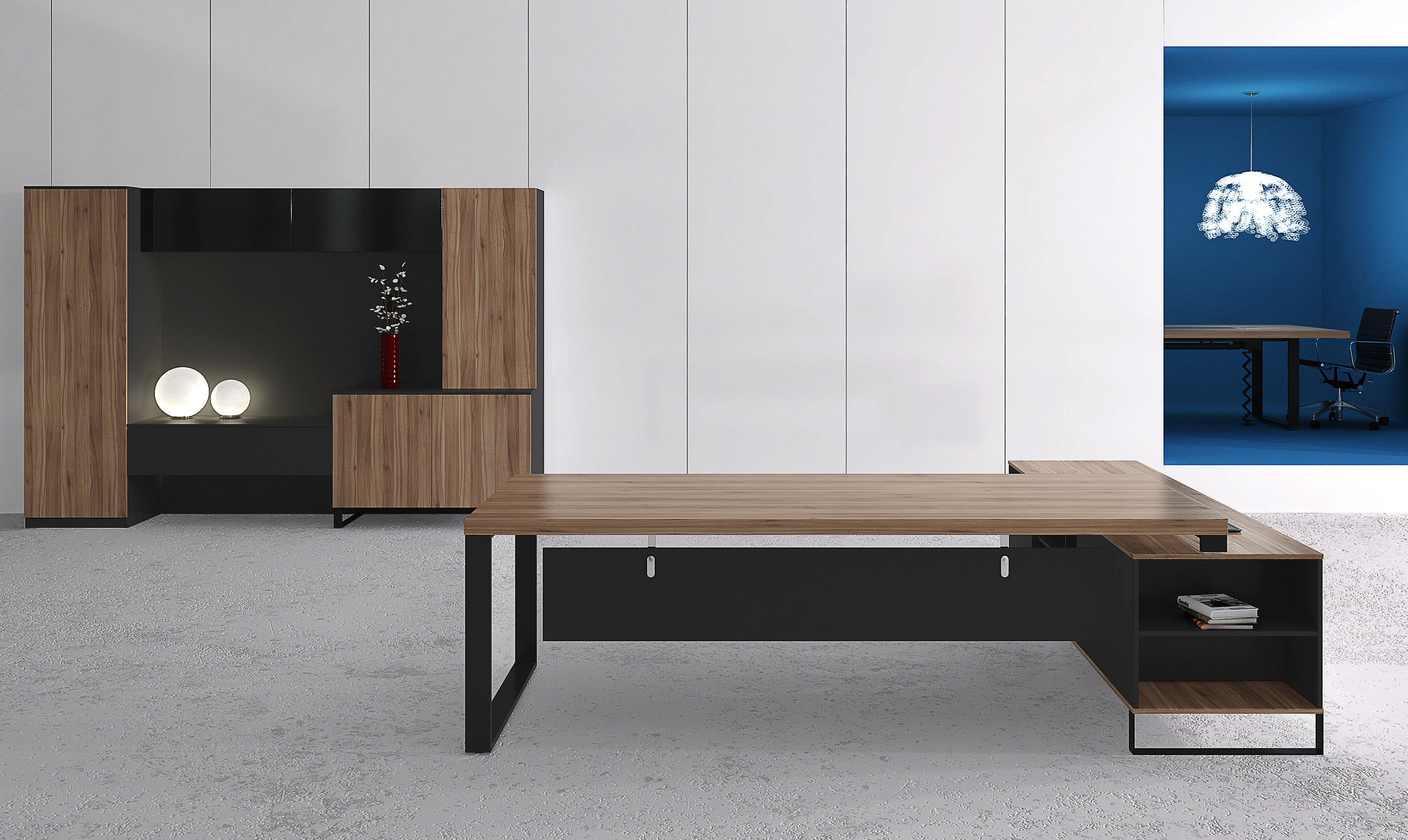Teak Wood Melamine Office Furniture Set Straight Office Desk With Powder Coated Black Steel Legs