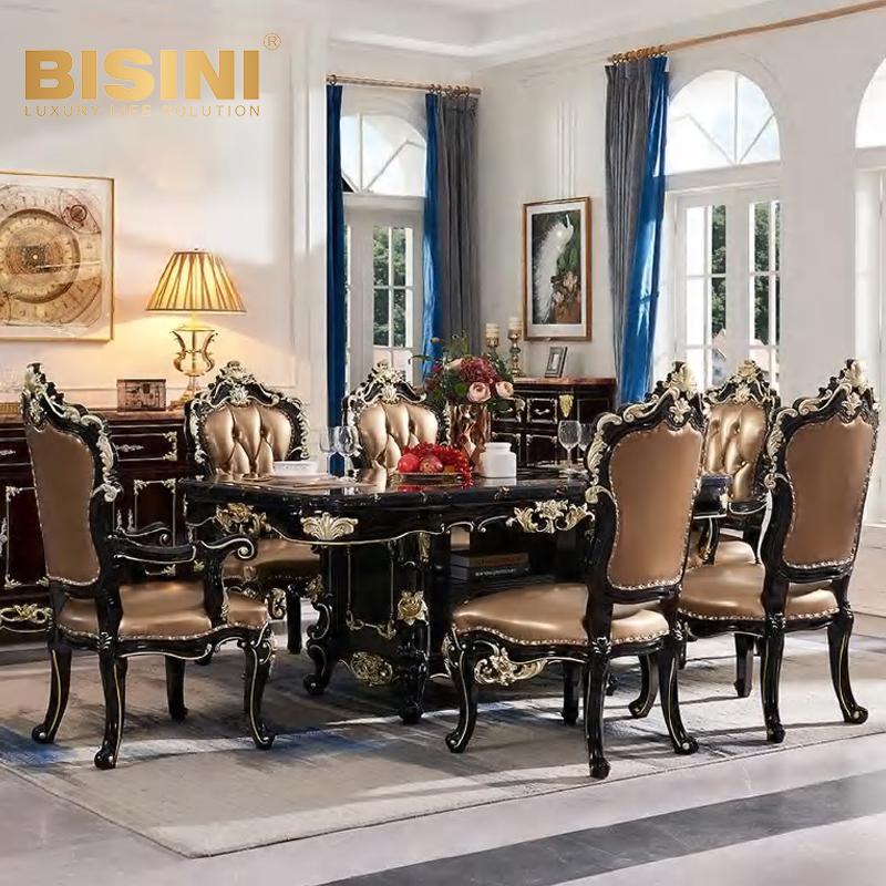 Wholesale Customizable Wooden Mahogany Dining Room Furniture Rectangle Table With Marble Counter Top and Red Leather Chair