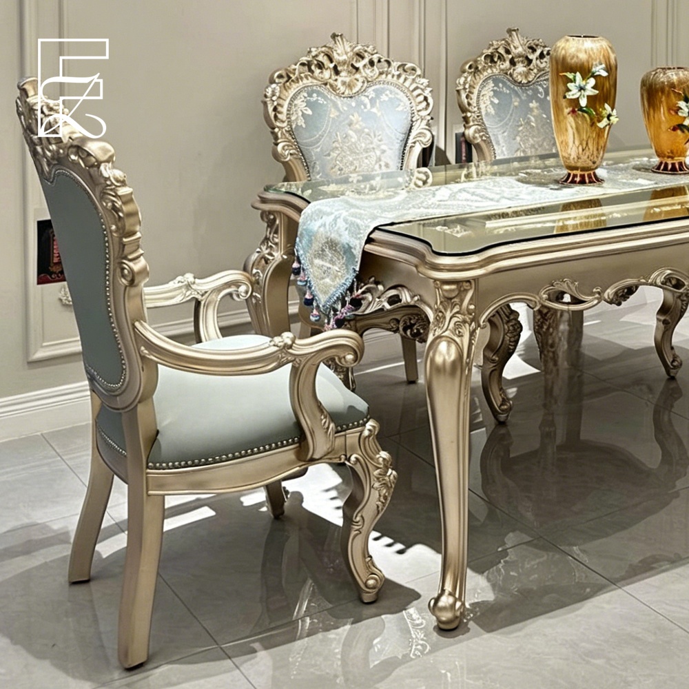 French Luxury Hand Carved Solid Mahogany Rectangular Dining Table Champagne Gold Finish 6 Chairs Top Upholstered Back Hotel Use