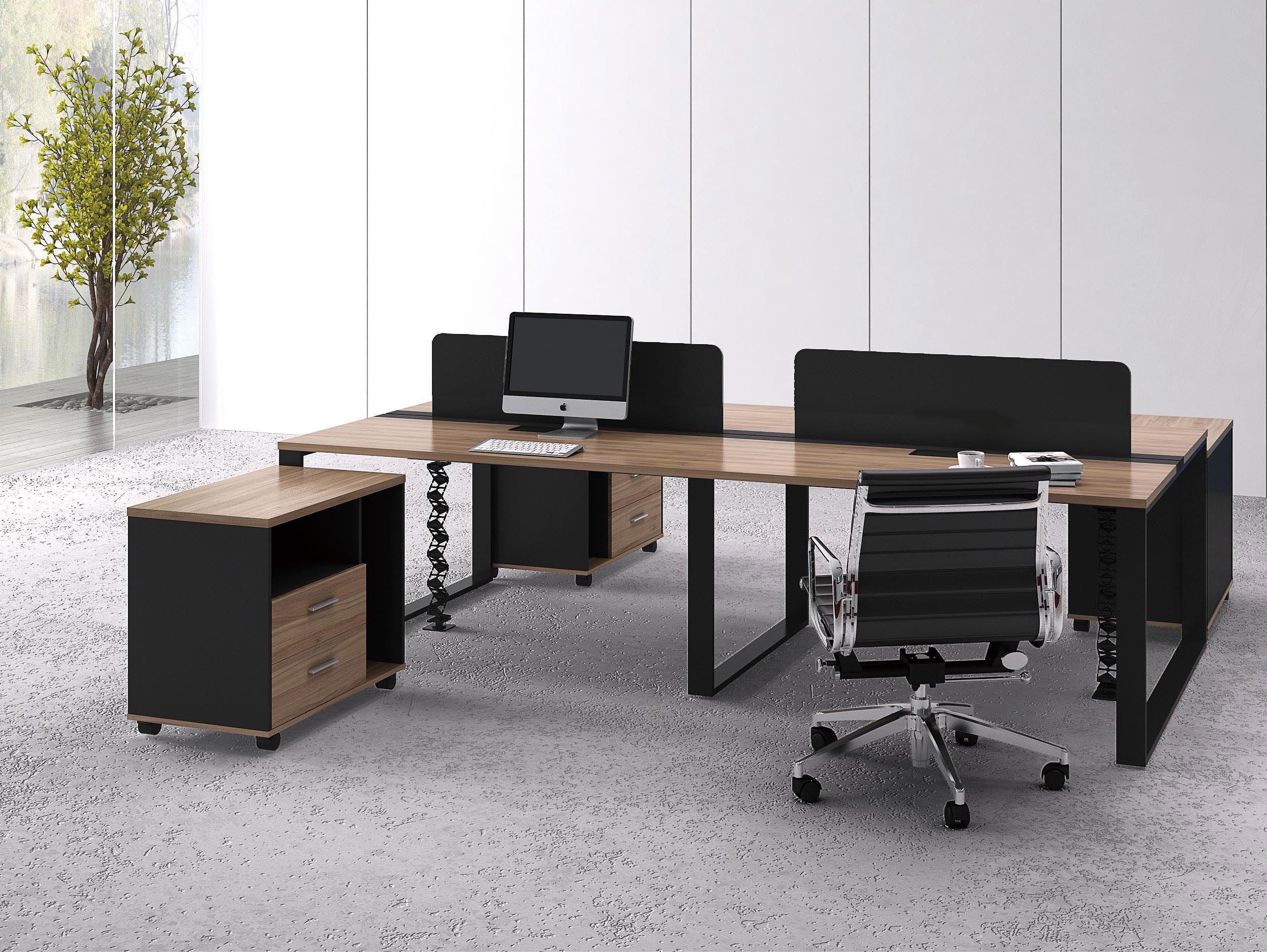 Teak Wood Melamine Office Furniture Set Straight Office Desk With Powder Coated Black Steel Legs