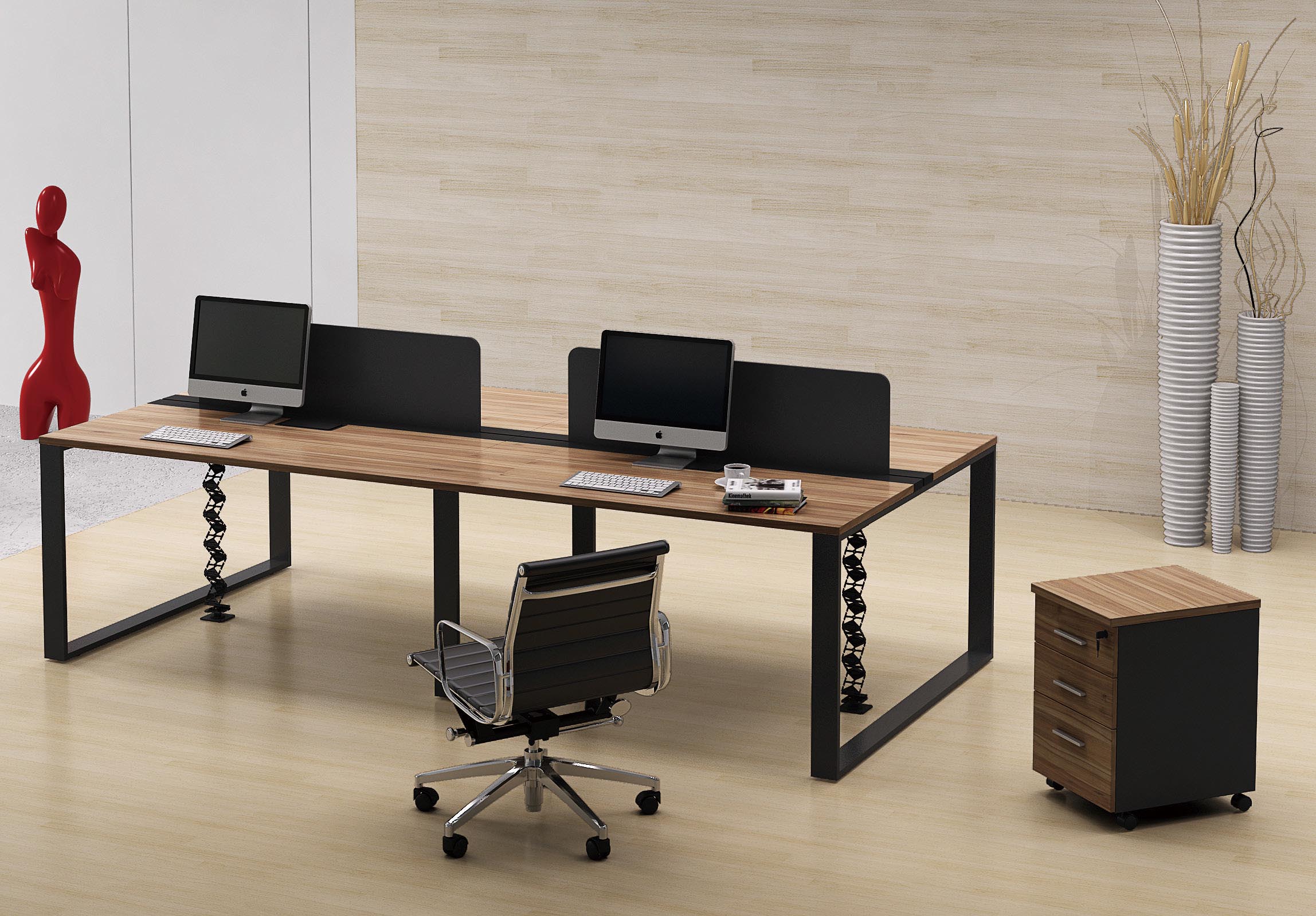 Teak Wood Melamine Office Furniture Set Straight Office Desk With Powder Coated Black Steel Legs