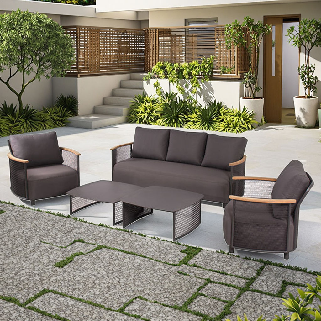 Modern Luxury Solid Teak Rattan Sofa Set Waterproof Outdoor Furniture for Patio Hotels Gardens