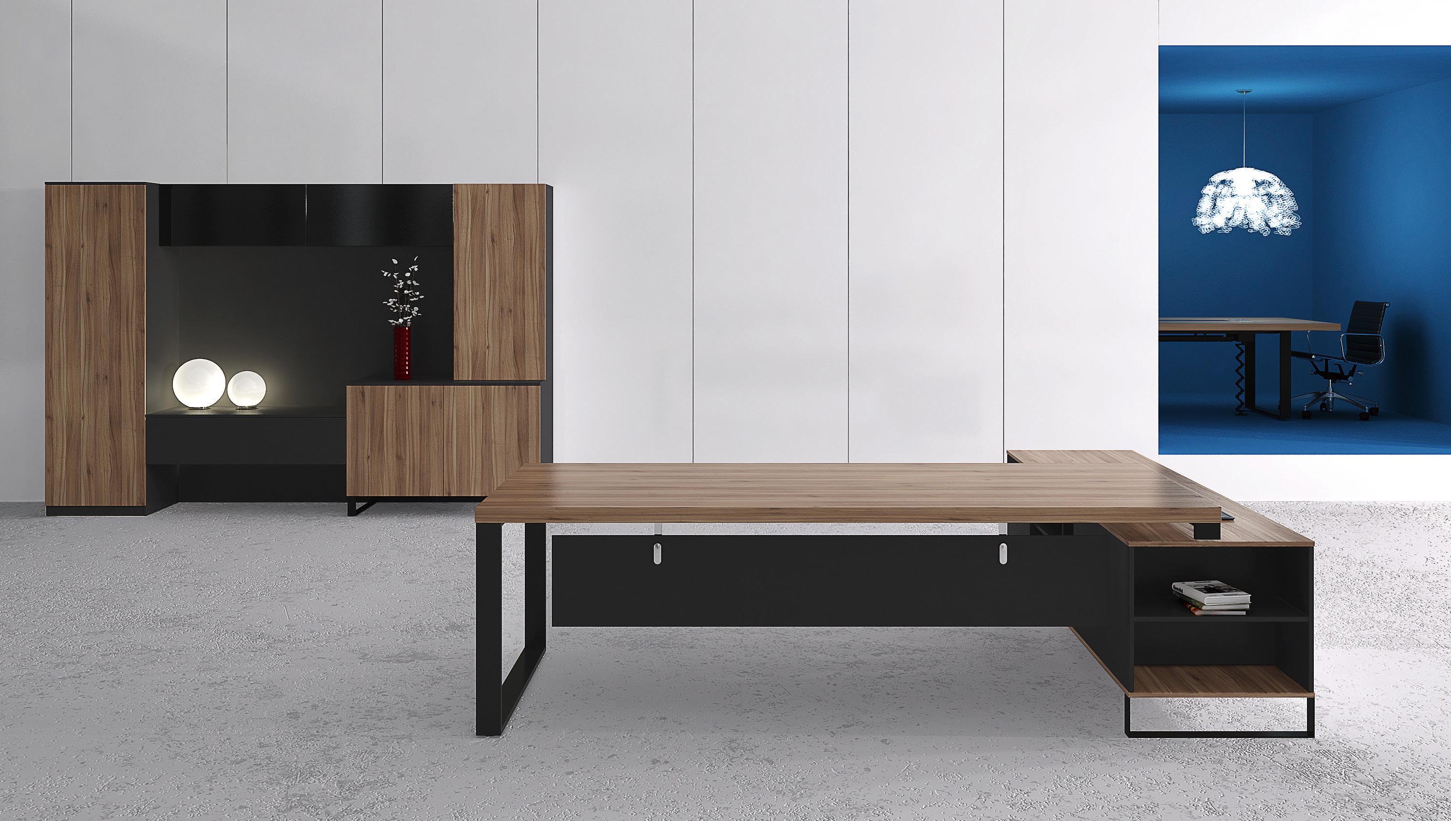 Teak Wood Melamine Office Furniture Set Straight Office Desk With Powder Coated Black Steel Legs