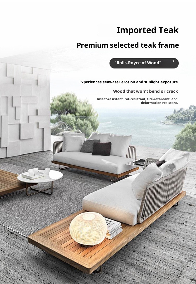 Outdoor Sofa Sunscreen Waterproof Rattan Teak 3-Seater Terrace Solid Wood Garden Coffee Table Set Furniture Customization China