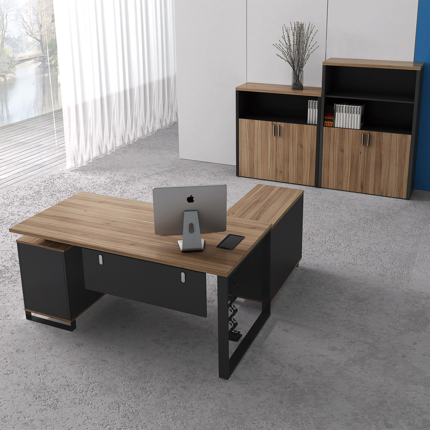 Teak Wood Melamine Office Furniture Set Straight Office Desk With Powder Coated Black Steel Legs